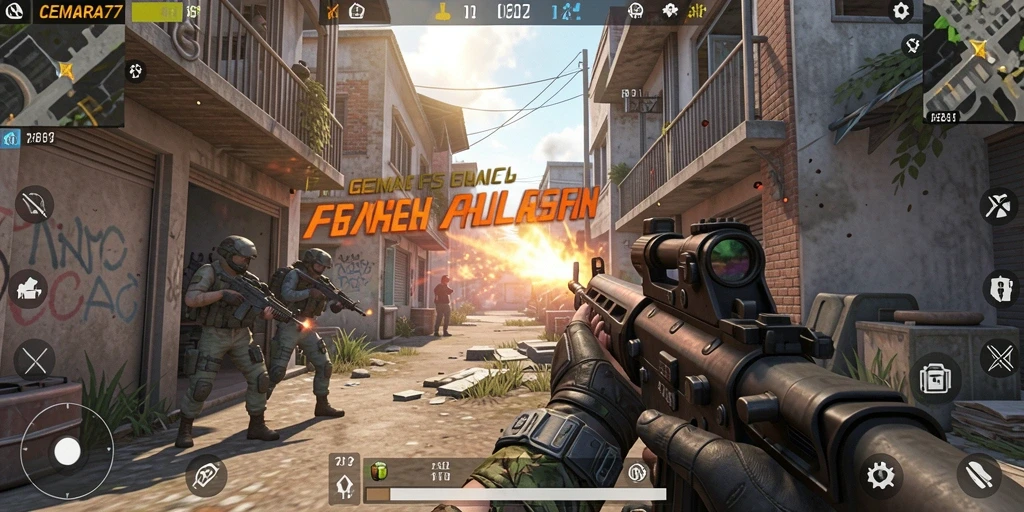 Screenshot gameplay CEMARA77 menampilkan aksi tembak-menembak yang mendebarkan.