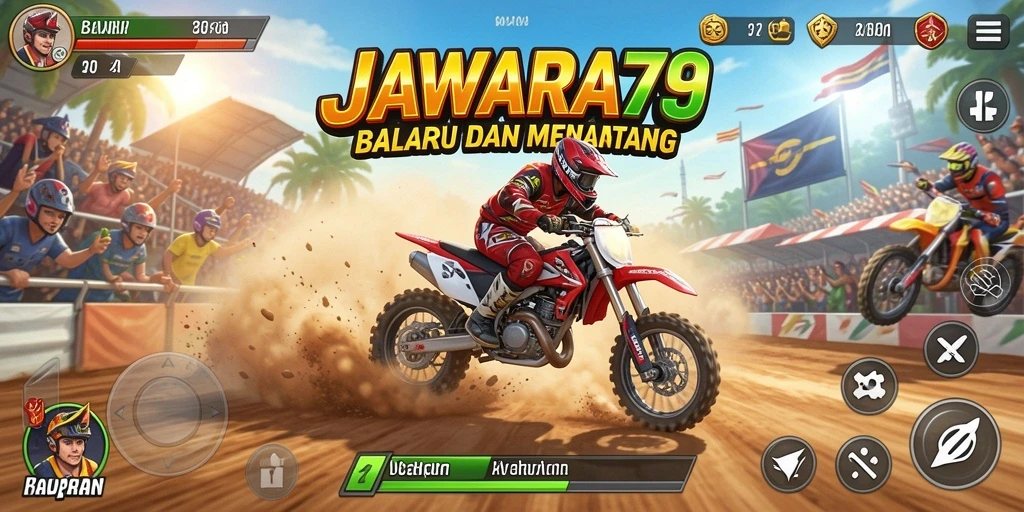 Tampilan gameplay seru dari JAWARA79 di balapan yang mendebarkan.