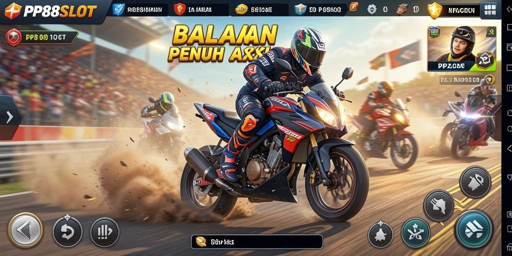 Tangkapan layar gameplay PP88SLOT menampilkan balapan motor yang mendebarkan.